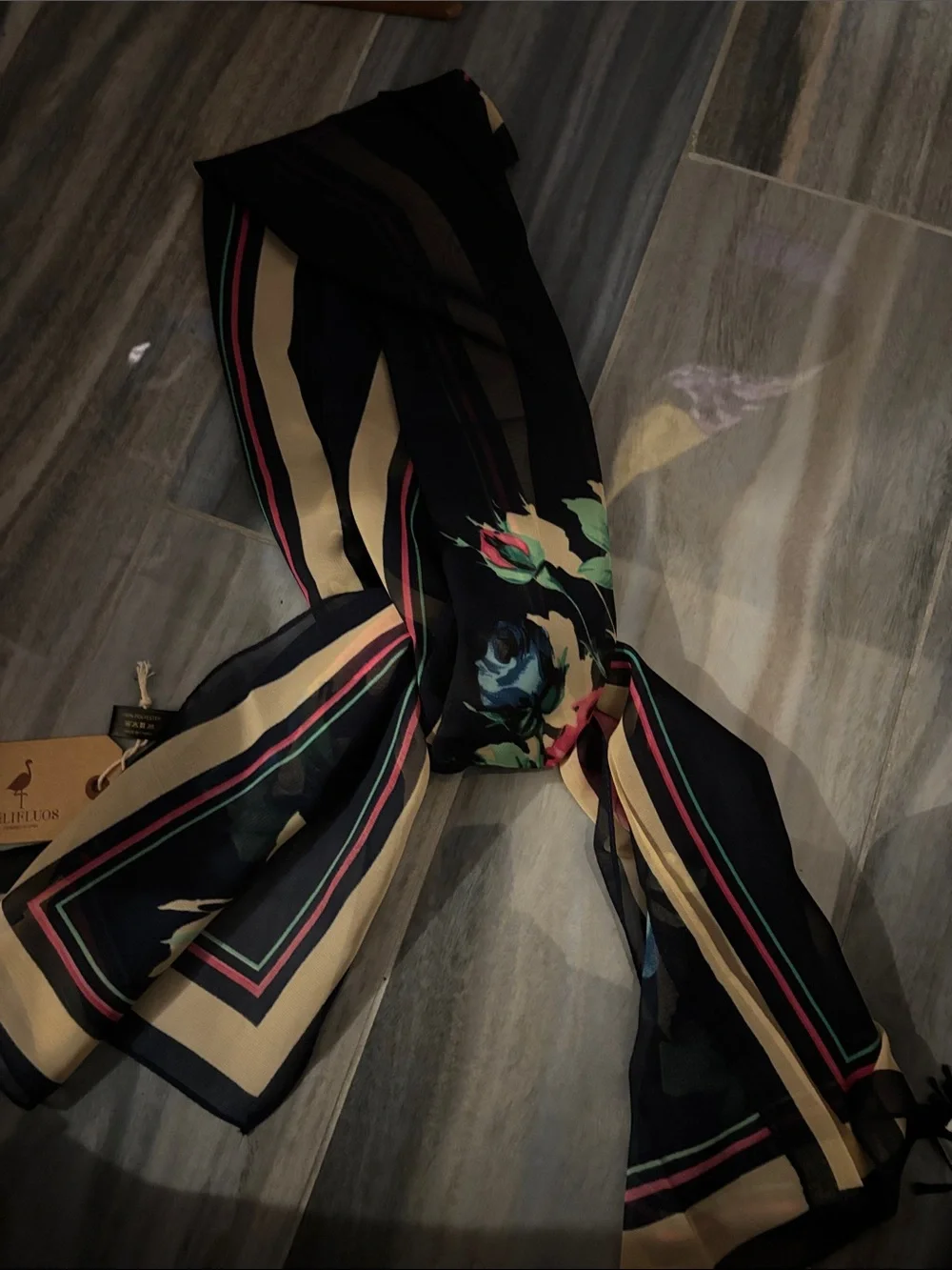 Floral Silk-Feel Black Scarf
